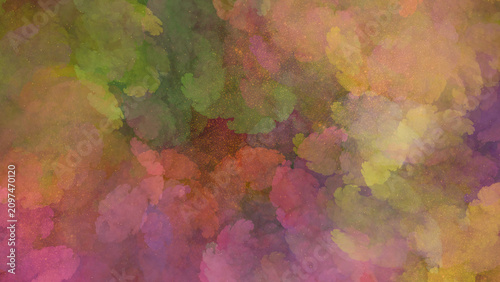 Abstract watercolor background with soft colorful clouds and golden glitter