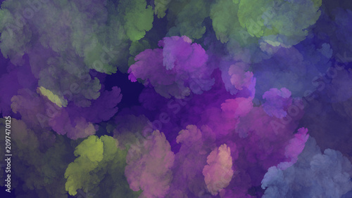 Vibrant abstract background featuring colorful fluid fractal shapes resembling smoke or clouds in purple blue and green