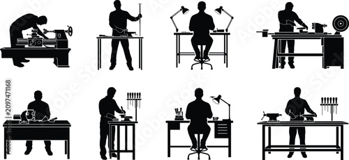 Bild auf Leinwand Silhouettes of craftsmen working with lathes and tools on white background Keywo