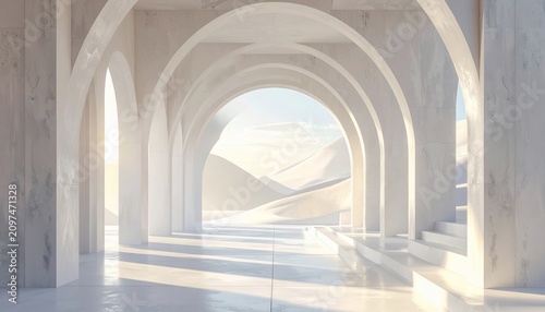 Sunlit Arches - A Serene Architectural Passage with Mountain View.
