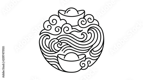 Black and white circular line art illustration featuring traditional Chinese symbols of prosperity, including gold sycee ingots, auspicious clouds, and stylized ocean waves on a white background.