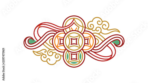 Abstract monoline vector illustration of traditional Chinese auspicious symbols, featuring interlocking coins, swirling clouds, and waves in red, gold, and green on white background.