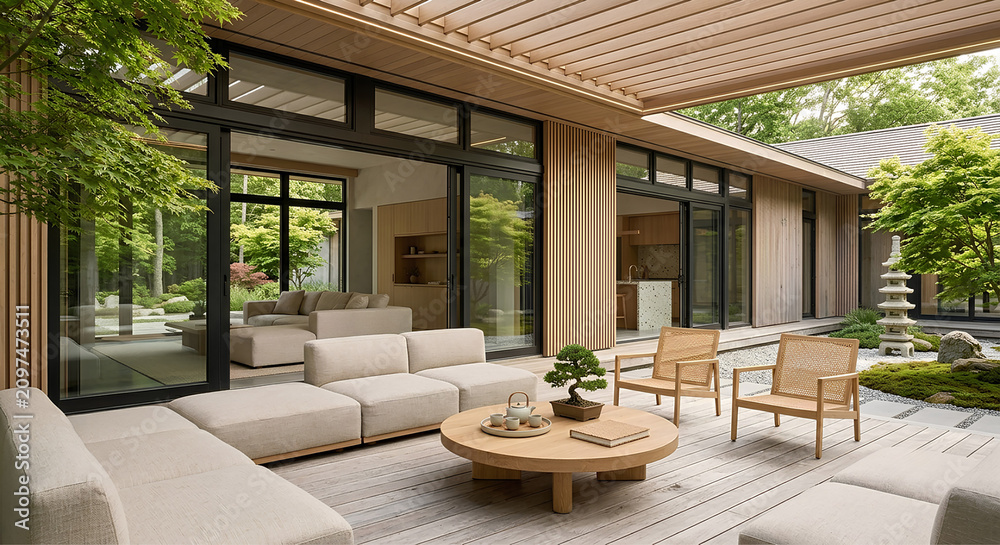 Fototapeta premium Serene Outdoor Living Area with Japanese Garden View.A beautiful outdoor deck area featuring modern wooden furniture,a central fire pit table, and a stunning view of a traditional Japanese rock garden