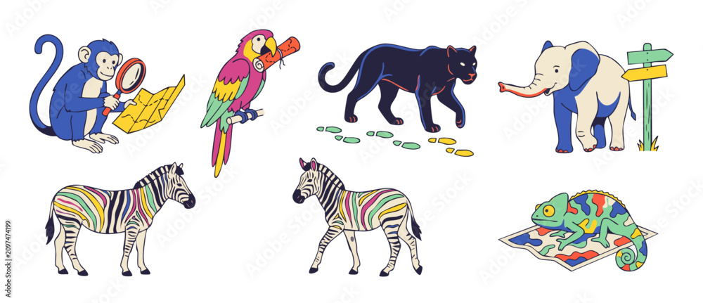 Obraz premium Cute cartoon safari animals vector set with adventurous monkey, colorful parrot, black panther, friendly elephant, rainbow zebras, and chameleon exploring with maps on white background for children!