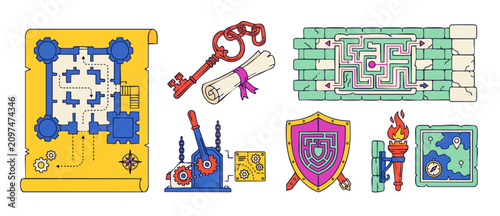 Photos Fantasy quest game assets icon set featuring medieval dungeon escape room puzzle elements like castle blueprint map, vintage key, secret scroll, wall labyrinth, shield, lever, and adventure torch set