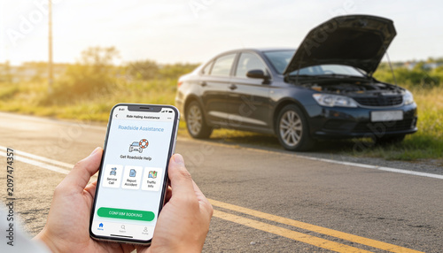 Hands holding a smartphone with a roadside assistance app open, car with open hood parked on the roadside for emergency service and vehicle repair support