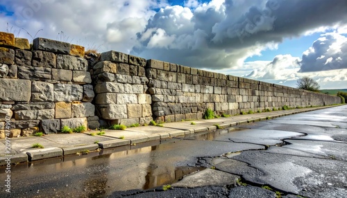 Ancient stone wall lines a cracked road under dramatic cloudy skies
