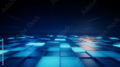 A dark high-tech background with glowing blue squares and a hint of orange light