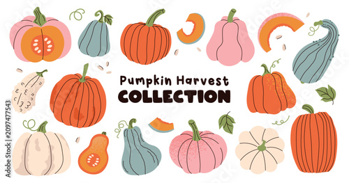 Autumn Harvest Pumpkin Elements Clipart Collection Flat Design