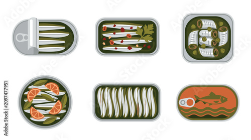 set of six pixel art canned fish illustrations, featuring sardines, sprats, and mackerel in oil, brine, and sauce, top view