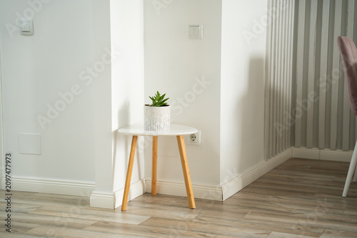 Minimalist workspace with a small table and indoor plant in a home office setting. Modern remote work setup and interior decor