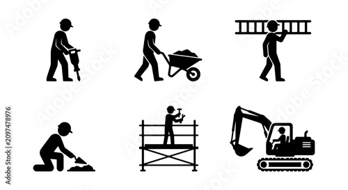 Construction Worker Icons: Building, Digging, Hauling, Scaffolding, Excavator