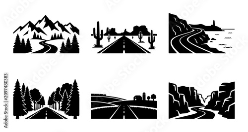 Quadro su tela Road Trip Vector Icons: Scenic Routes, Mountains, Desert, Coastline, Forest