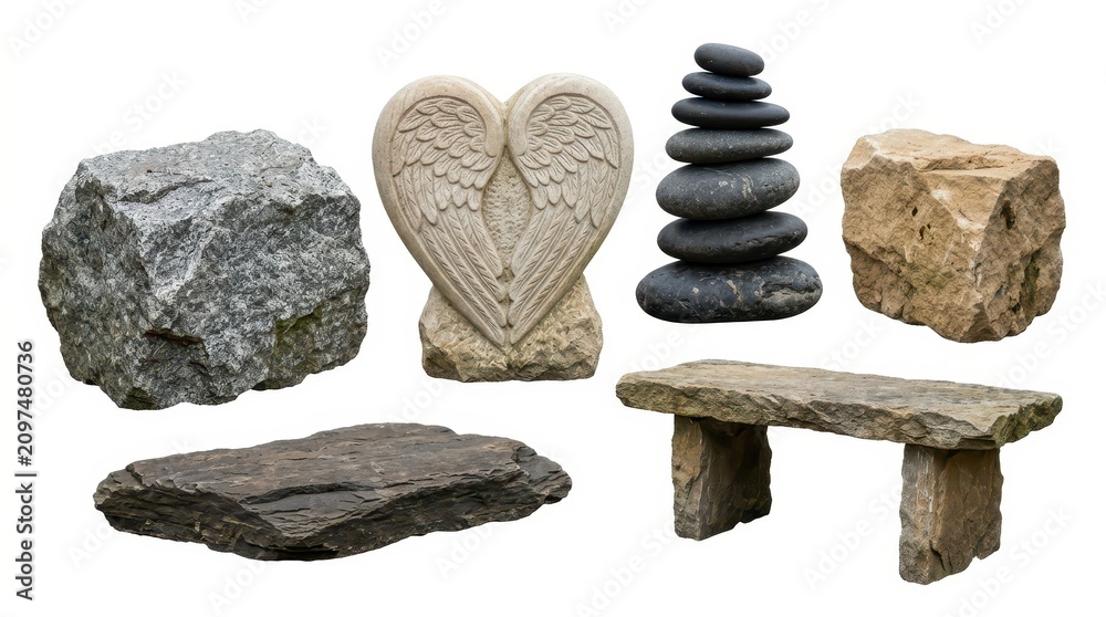 Obraz premium Set of stone garden elements, rocks, bench, and zen stones isolated on white background