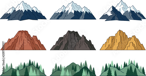 Fotografía Mountain Peak and Forest Hills Vector Icon Set Featuring Snow Capped Ridges Dese