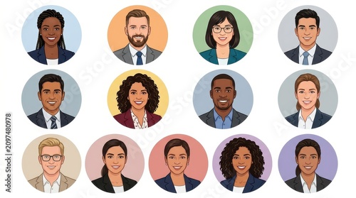 Collection of diverse professional avatar portraits in circular frames isolated on white background