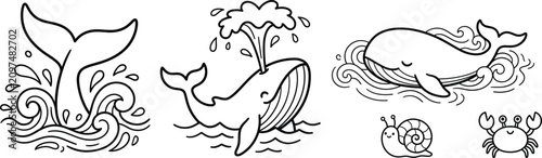 Konstfotografi Cute Ocean Life and Whale Icon Set Featuring Spouting Humpback, Whale Tail in Wa