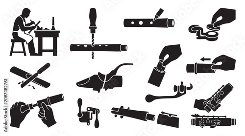 Woodwind instrument making process, set of craftsman tools and parts for flutes and clarinets on white background.