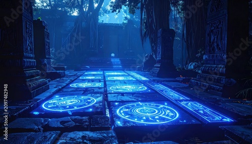 Ancient temple floor featuring glowing blue magical runes.