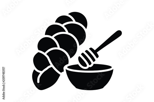 Black solid icon vector of a traditional braided challah bread next to a small bowl of sweet honey with a wooden dipper for Rosh Hashanah