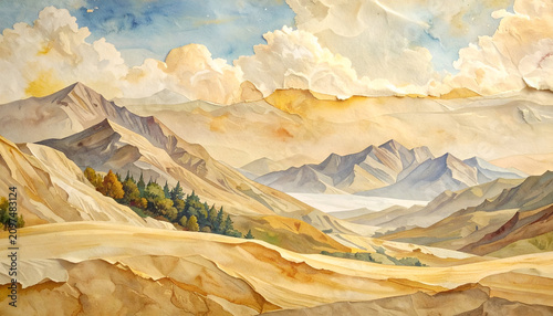 Watercolor depicts a layered mountain range under a cloudy sky