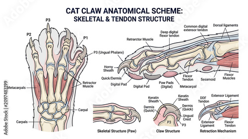 Bild auf Leinwand Cat Claw Anatomy: Skeletal and Tendon Structure Diagram