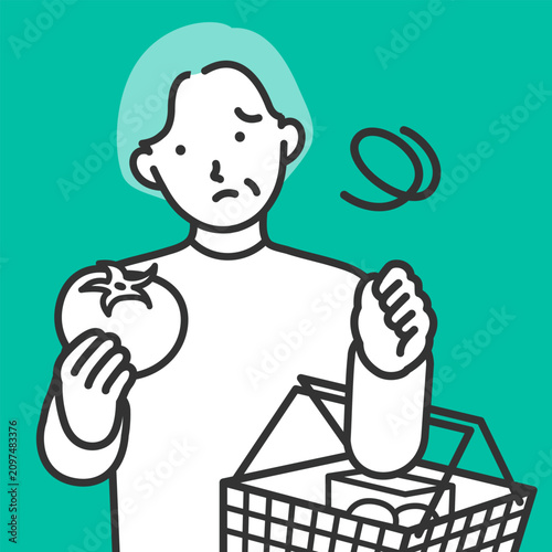 Bilde på lerret A thoughtful senior housewife holds her shopping basket and hesitates over the p