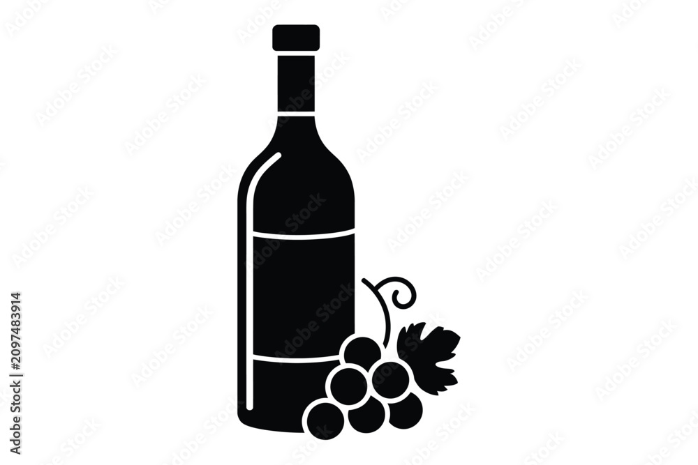 Obraz premium Black wine bottle vector icon with a bunch of fresh grapes and vine leaf isolated on a white background for winery branding and elegant emblem design