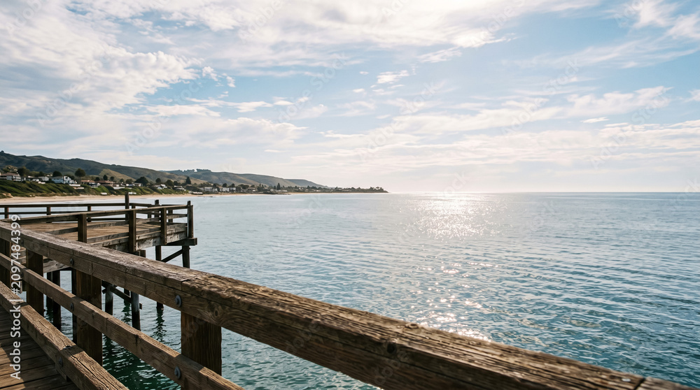 Fototapeta premium Wooden pier over the ocean. Scenic coastal view with calm blue water.