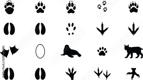 Tableau sur toile Animal Footprints, Paw Prints, and Wildlife Track Silhouette Vector Set