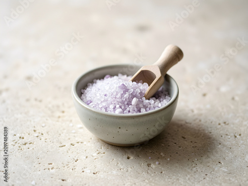 Small unbranded ceramic bowl of natural bath salts with a plain scoop