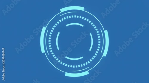 Futuristic HUD circle animating with glowing digital interface elements and light trails on a blue background