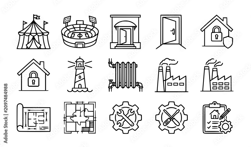 Fototapeta premium Architecture and facility outline icon collection vector illustration