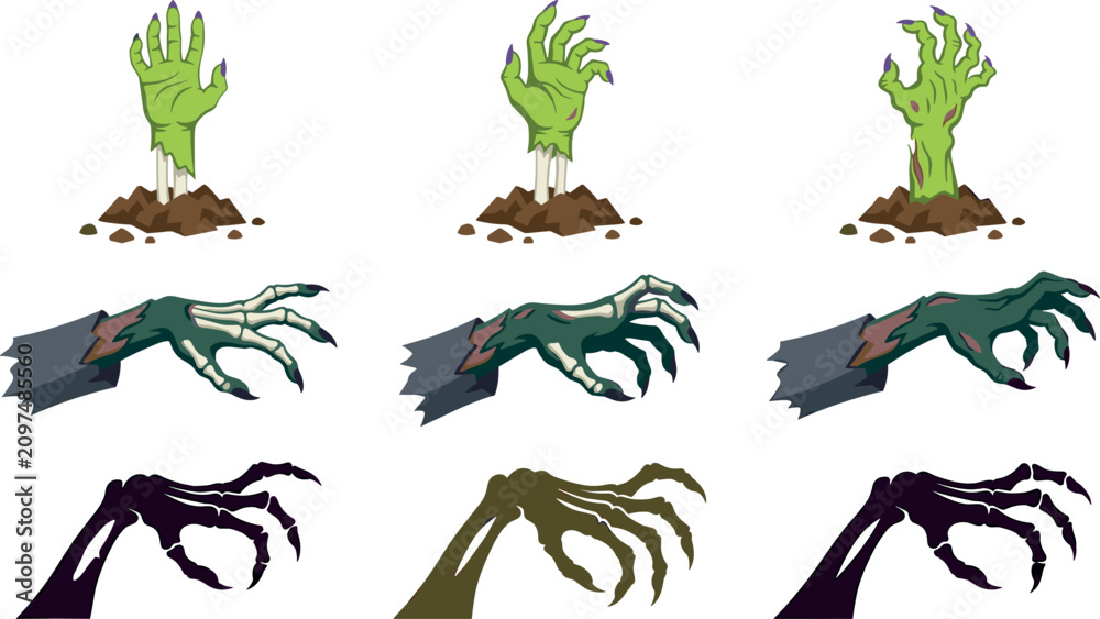 Fototapeta premium Zombie Hand Vector Icon Set with Creepy Green Monster Claws and Undead Arms Rising from Ground for Halloween Graphic Designs