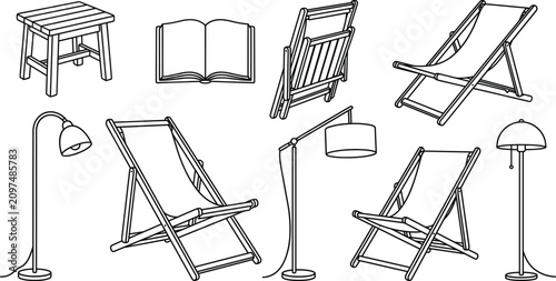 Konstfotografi Comfortable Outdoor Deckchair and Floor Lamp Icon Set with Folding Lounge Chairs