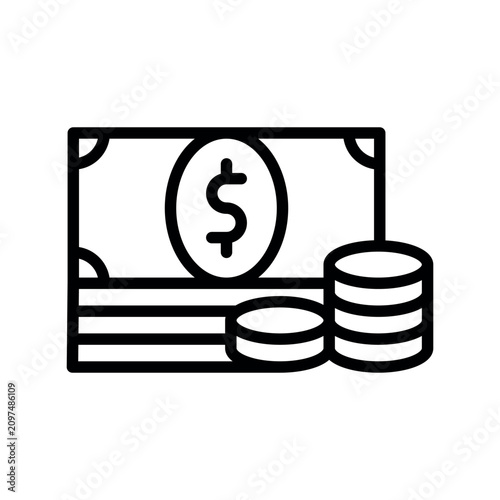 Liquid as s line icon featuring a dollar banknote alongside stack of metal coins