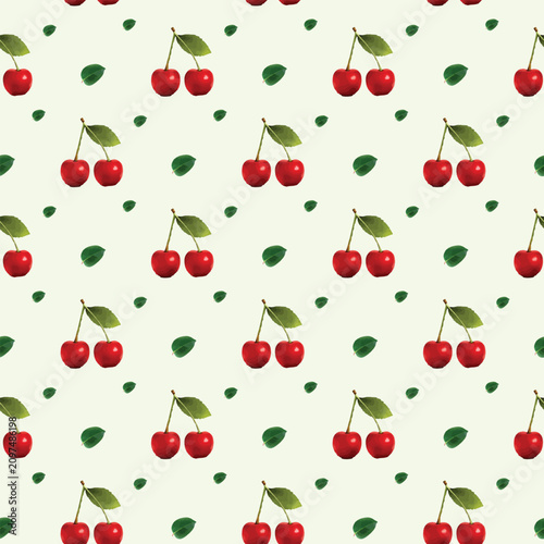 Vibrant cherry pattern with red fruit and green leaves on a soft mint background.