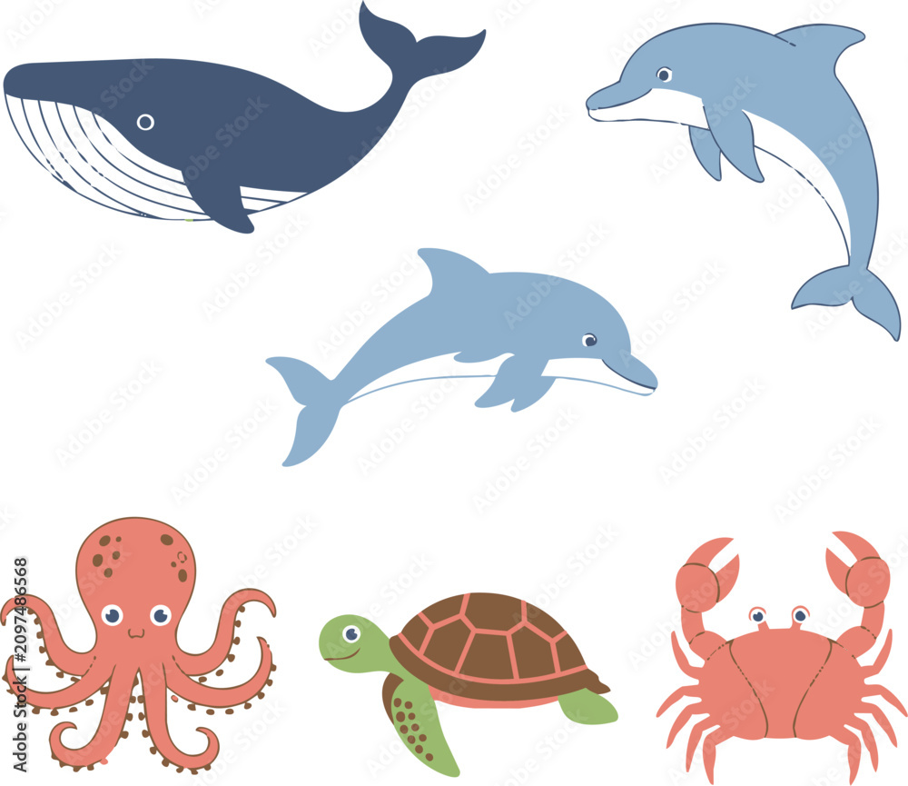 Fototapeta premium Charming blue whale, playful dolphins, curious octopus, ancient turtle, and vibrant crab in a serene aquatic collection, perfect for children's designs and marine themes.
