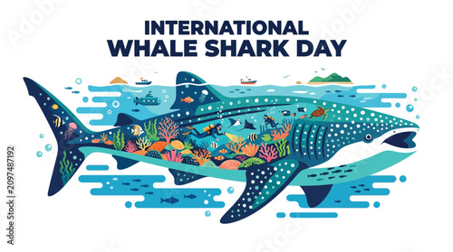 Bild auf Leinwand A giant whale shark illustration featuring colorful coral reefs and scuba divers