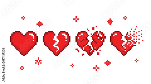 Vibrant red pixel art hearts showing a progressive transition from whole to completely shattered pieces