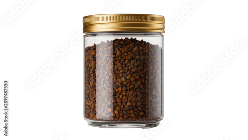Schilderij op canvas Isolated glass jar with instant granulated freeze-dried coffee granules and gold