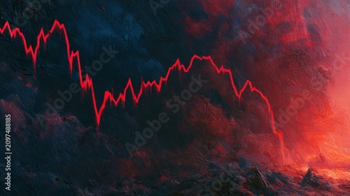 Stock Market Crash Depicted in Dramatic Oil Painting With Red Graph Line in Steep Decline on Dark Background
