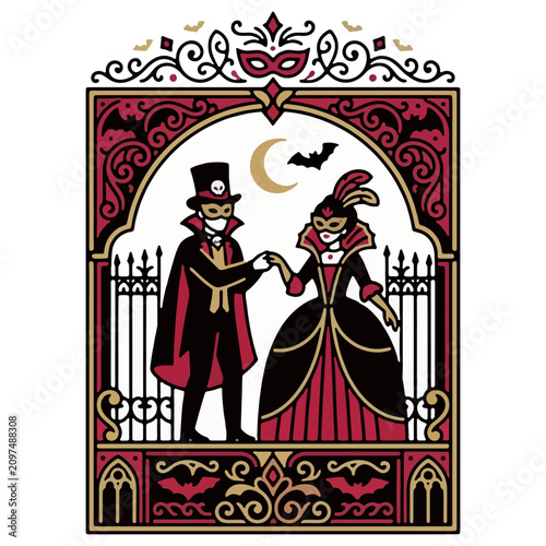 Gothic Victorian Halloween Masquerade 
Poster — Black Crimson Gold Ornate 
Border Night Luxury Event Design October
