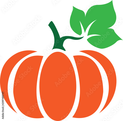 Simple vector illustration of a vibrant orange pumpkin with a green stem and leaf, perfect for autumn and Halloween designs