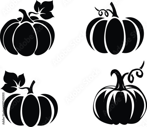 Black pumpkin silhouette icons set. Vector illustrations of Halloween and autumn harvest pumpkins with leaves and stems