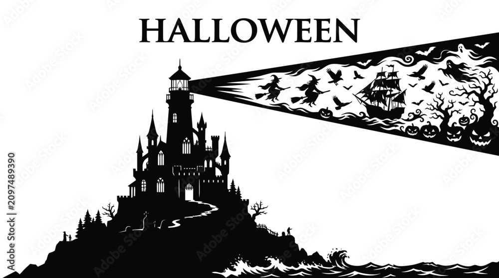 Obraz premium Dark silhouette of a spooky haunted lighthouse casting a beam filled with classic Halloween icons