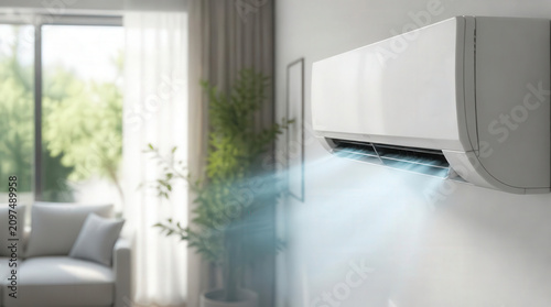 White air conditioner blowing cool blue air in a bright modern living room during a heat wave.