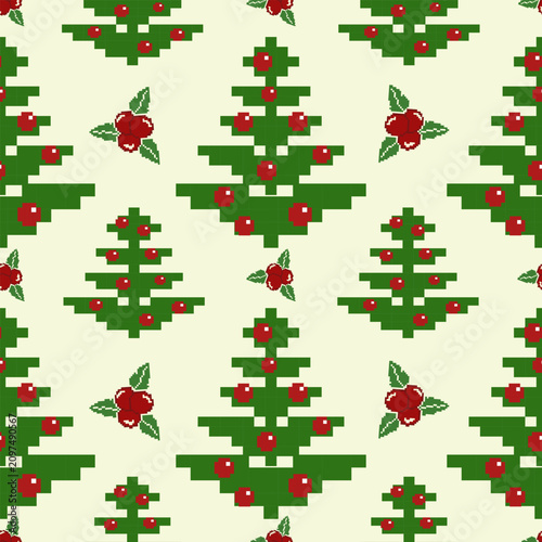 Christmas New Year's pixel seamless pattern with festive trees, red berries. Retro knitted style, Traditional pixel ethnic pattern. Knitted cross stitch Christmas winter sweater pattern, vector