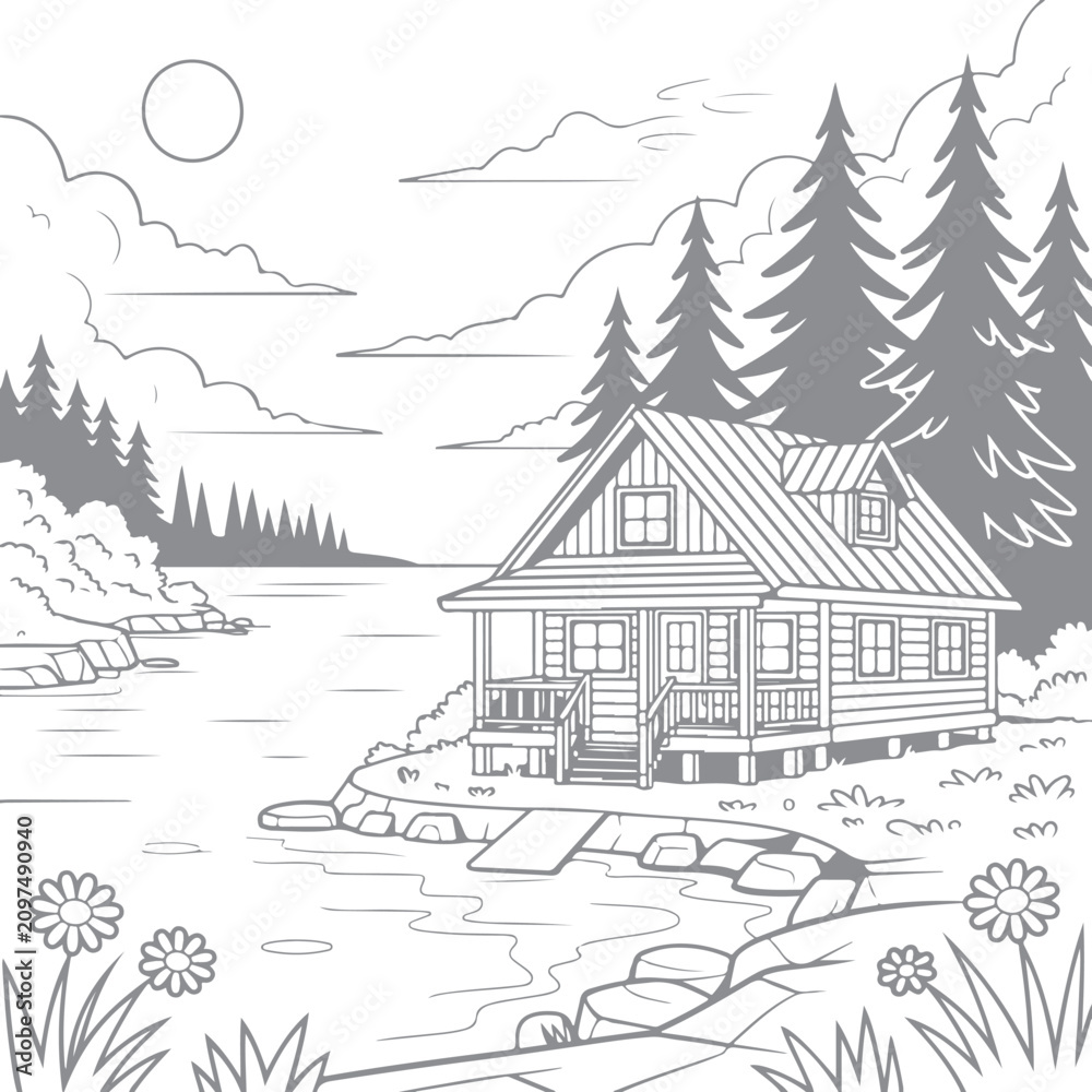 Naklejka premium Abstract rendering of a house by a lake with pine trees, surrounded by mountains and flowers, in a sparse, minimalist style drawing.