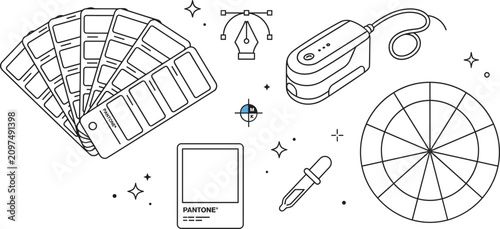 Graphic Design Color Palette Swatch and Spectrophotometer Calibration Line Icon Set Vector